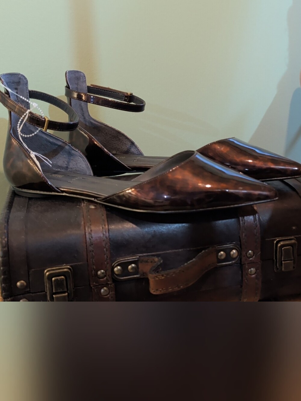 Franco Sarto Pointed Ankle-Strap Flats in Brown Patent